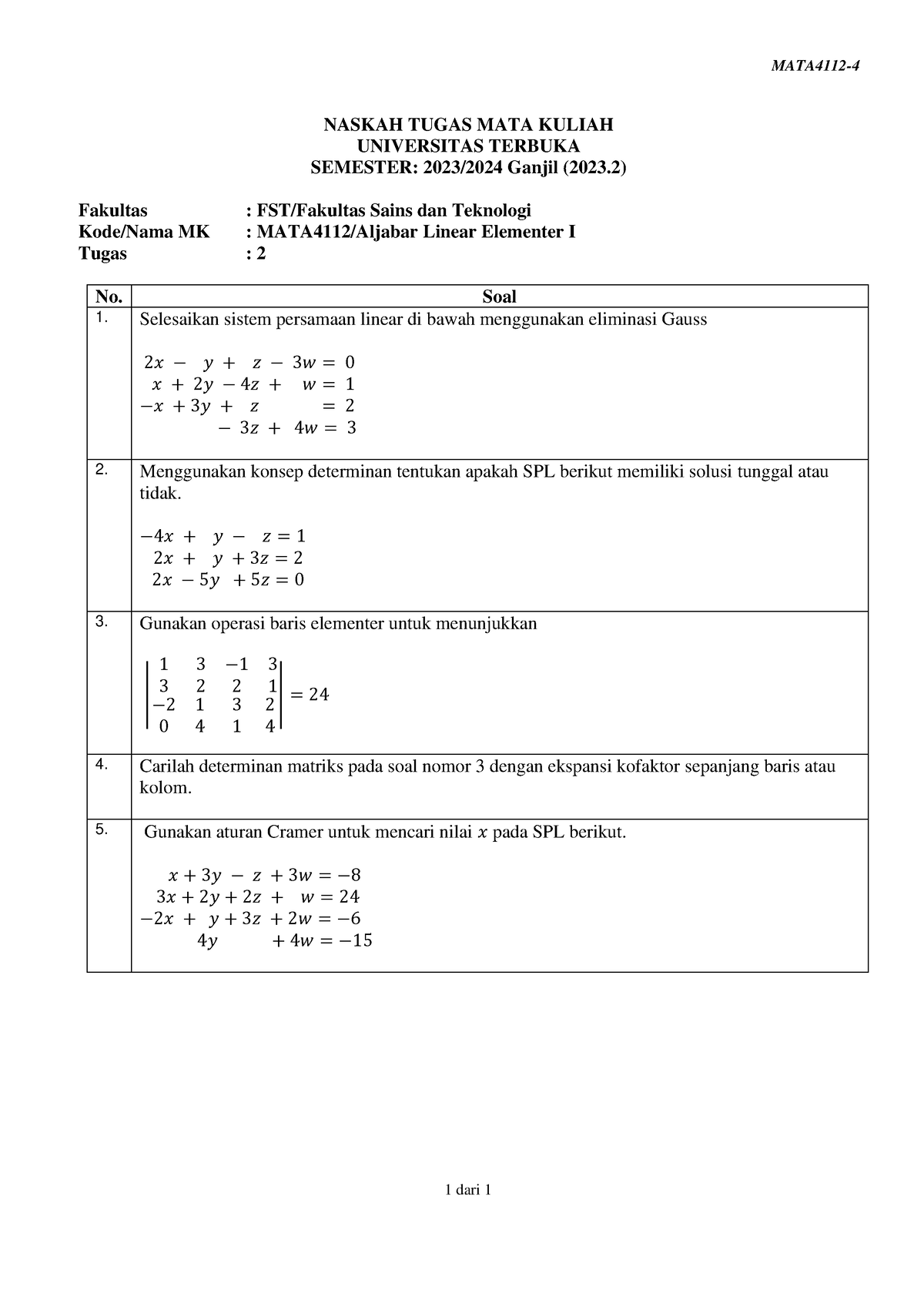 Soal Mata4112 Tmk2 4 - Aljabar Linear Elementer 1 - MATA4112- 4 1 Dari ...