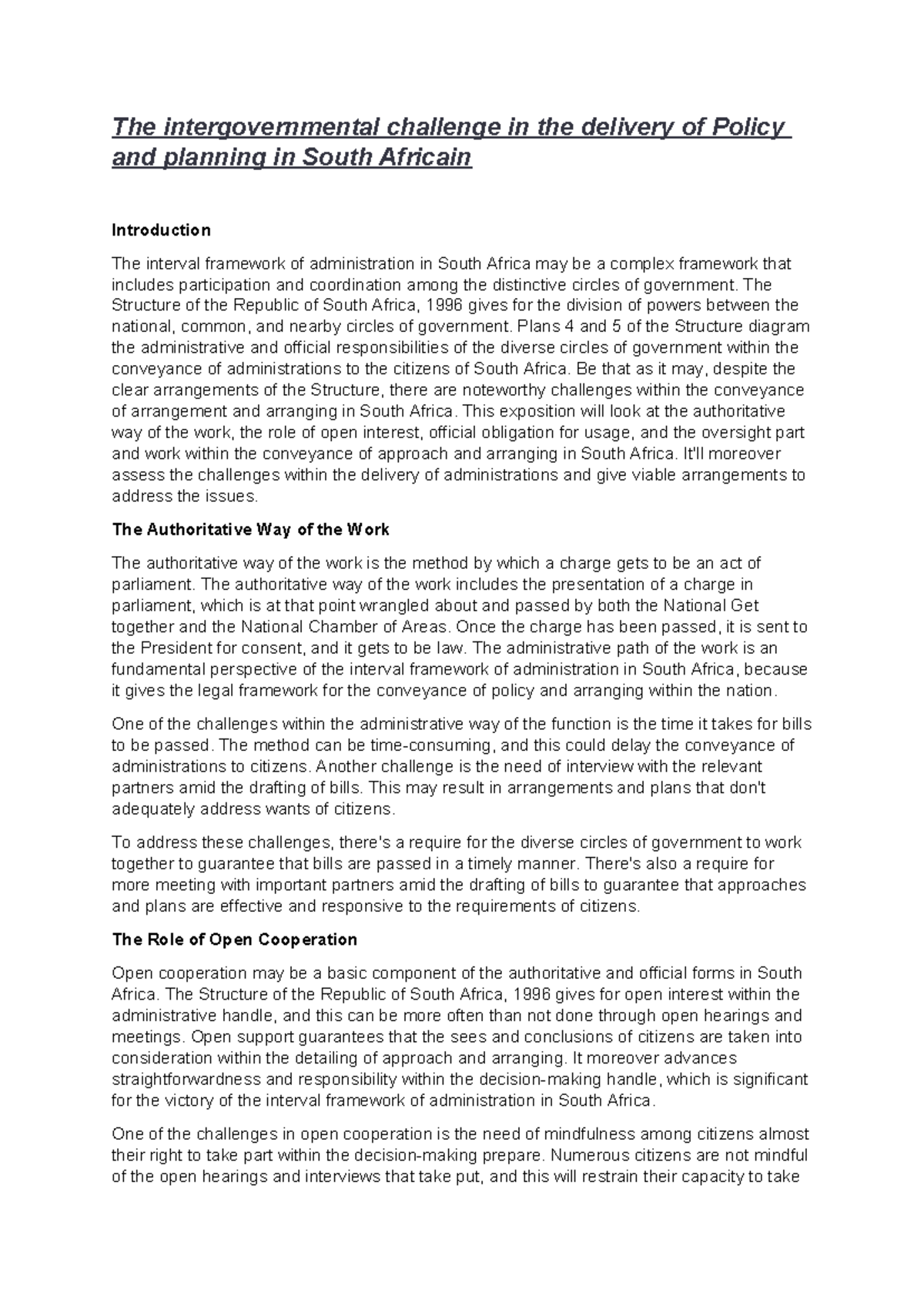 The intergovernmental challenge in the delivery of Policy and planning ...