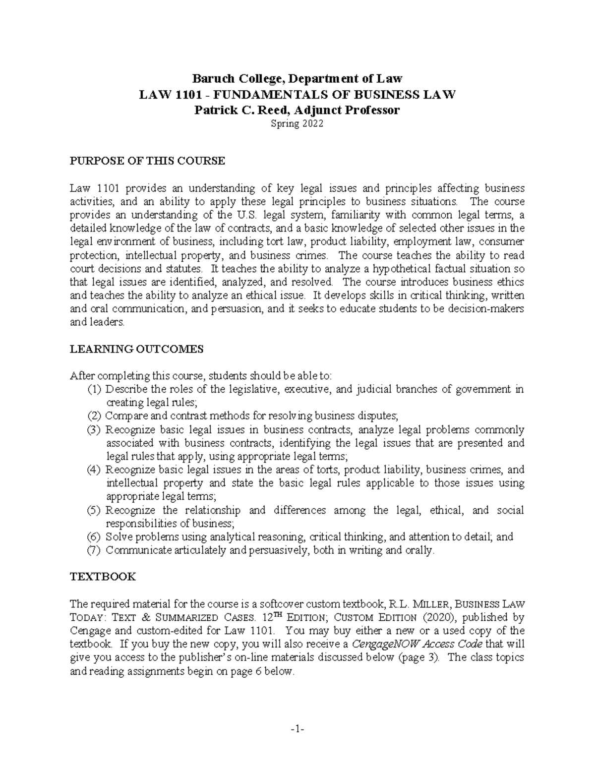 Law1101-syl-sp22 - syllabus - Baruch College, Department of Law LAW ...