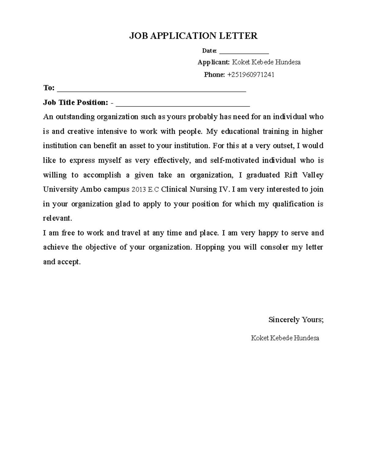 assignment of application letter