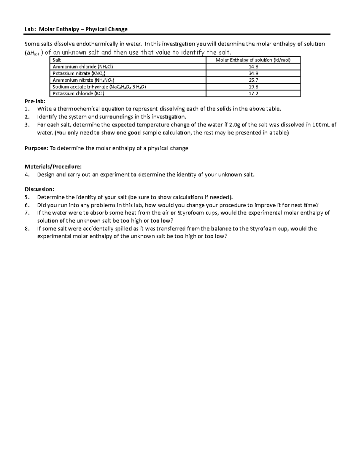 Lab - molar enthalpy physical change - Lab: Molar Enthalpy – Physical ...