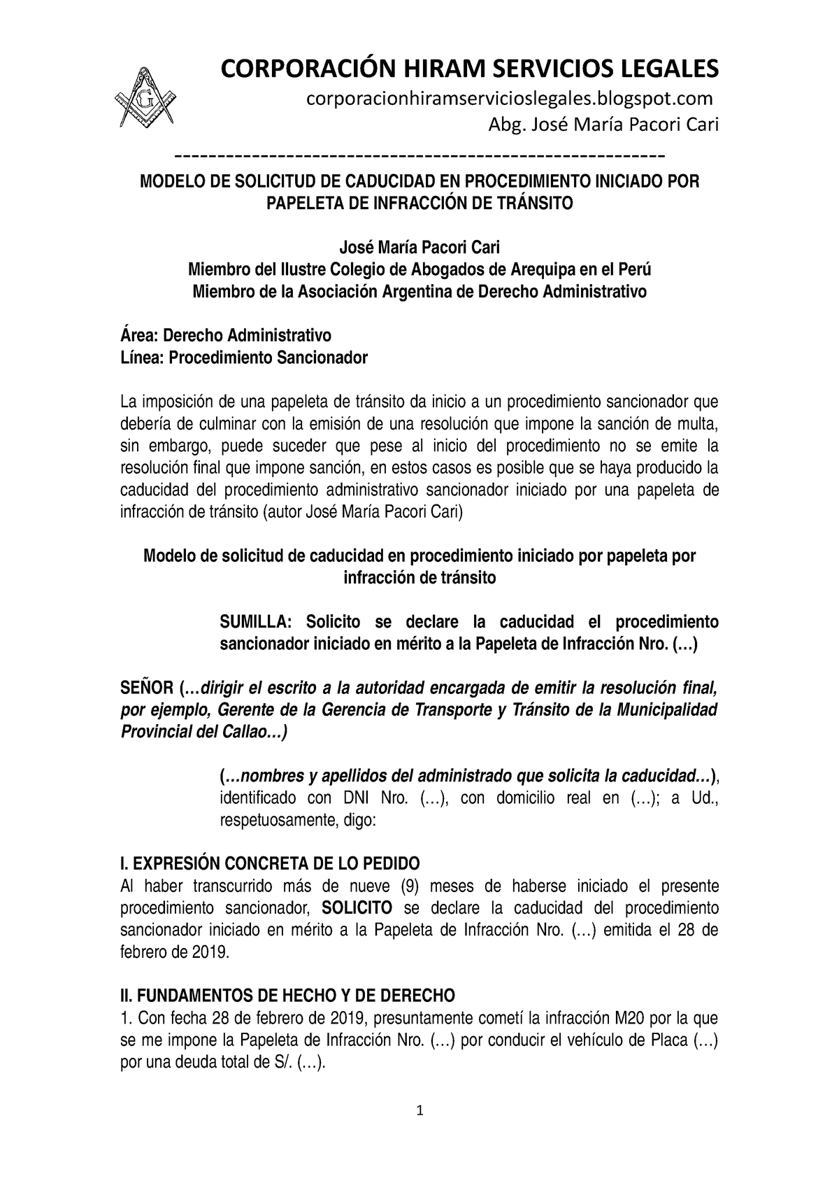 Modelo Solicitud DE Caducidad DE Papeleta POR Infracción DE Tránsito -  Autor JOSÉ María Pacori CARI - Studocu