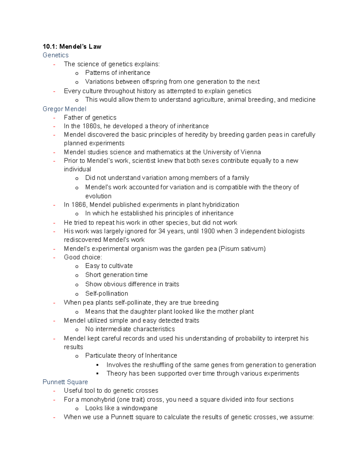 Biology Chapter 10 Inheritance 10 Mendel’s Law The