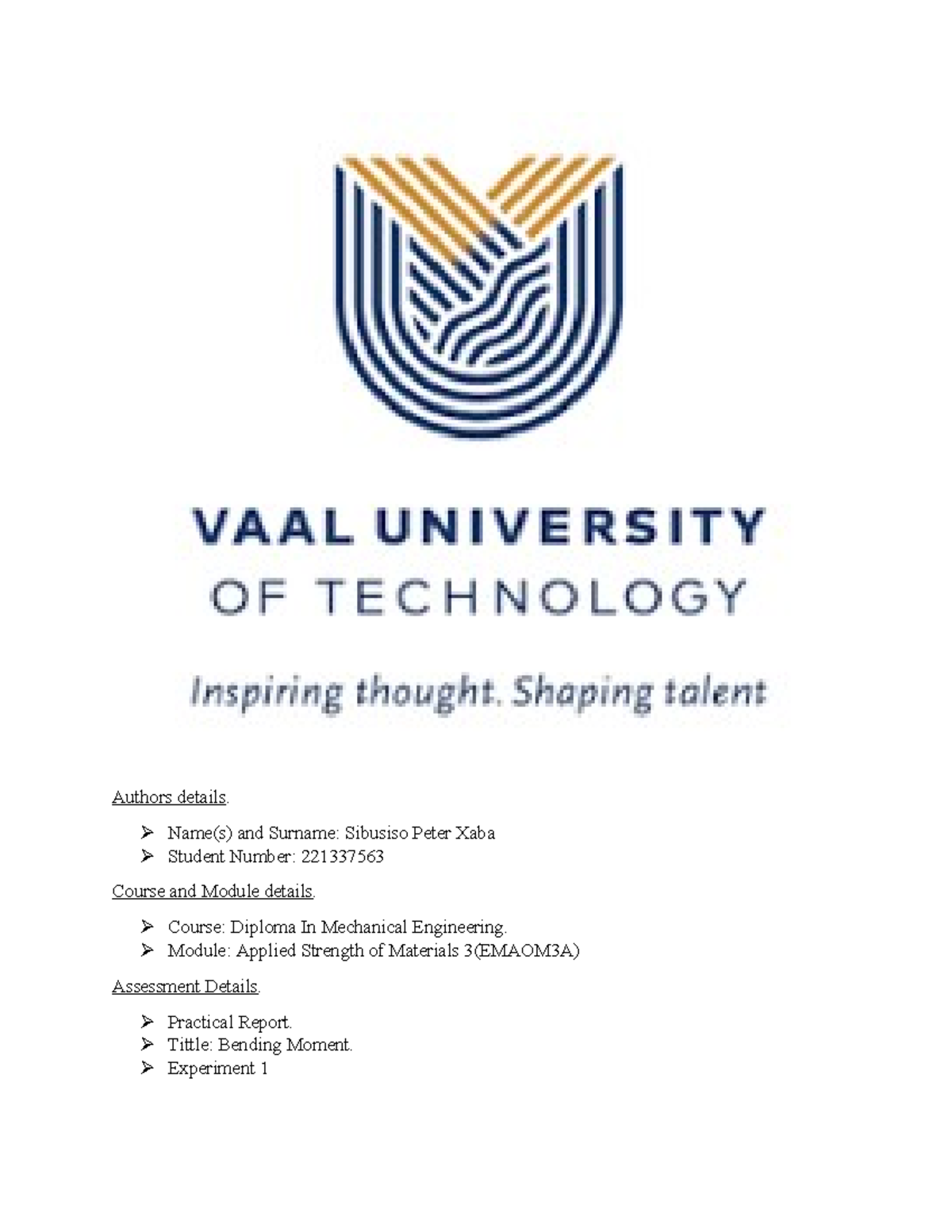 Applied Strength Of materials Report - Authors details. Name(s) and ...