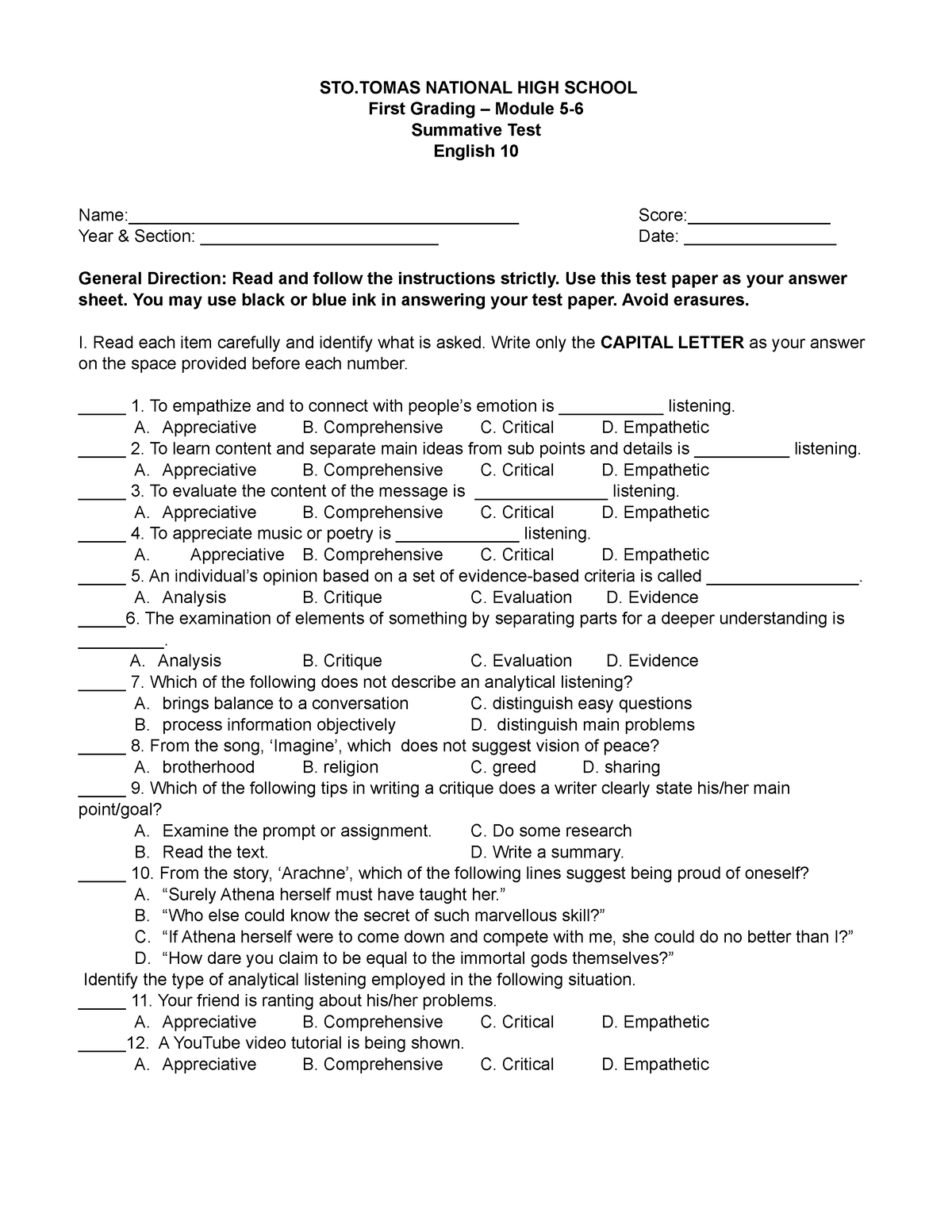 First Quarter Summative TEST 3 - STO NATIONAL HIGH SCHOOL First Grading ...