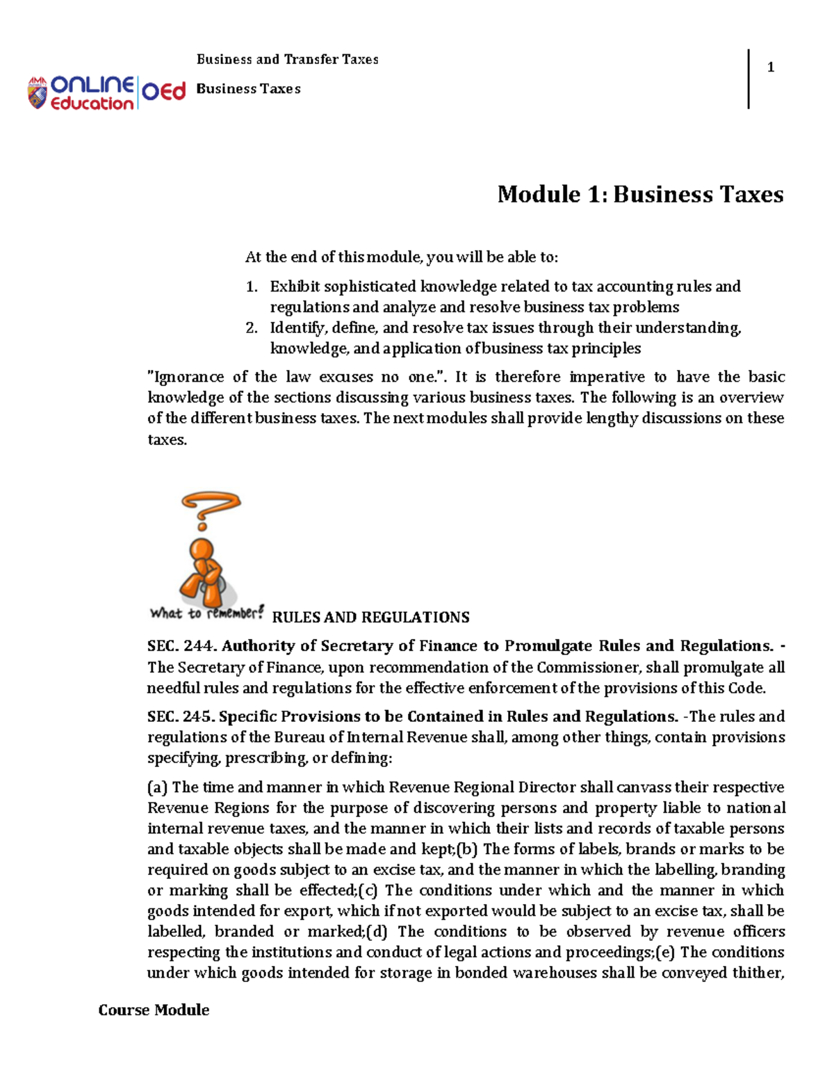 Module 001 - Business Taxes - Business And Transfer Taxes Business ...