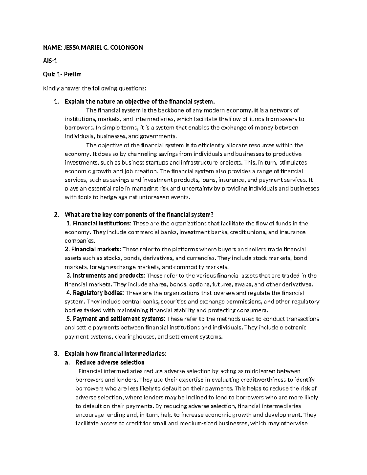 Download - NAME: JESSA MARIEL C. COLONGON AIS- Quiz 1- Prelim Kindly ...