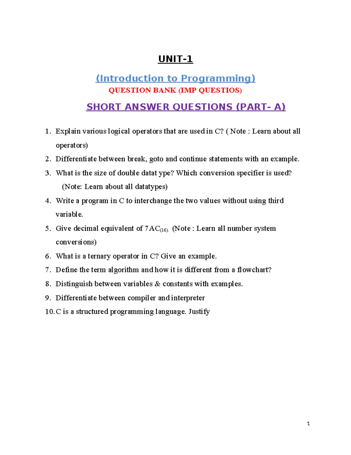 UNIT-3 PPS QB - notes - UNIT- (Preprocessor and File handling in C ...