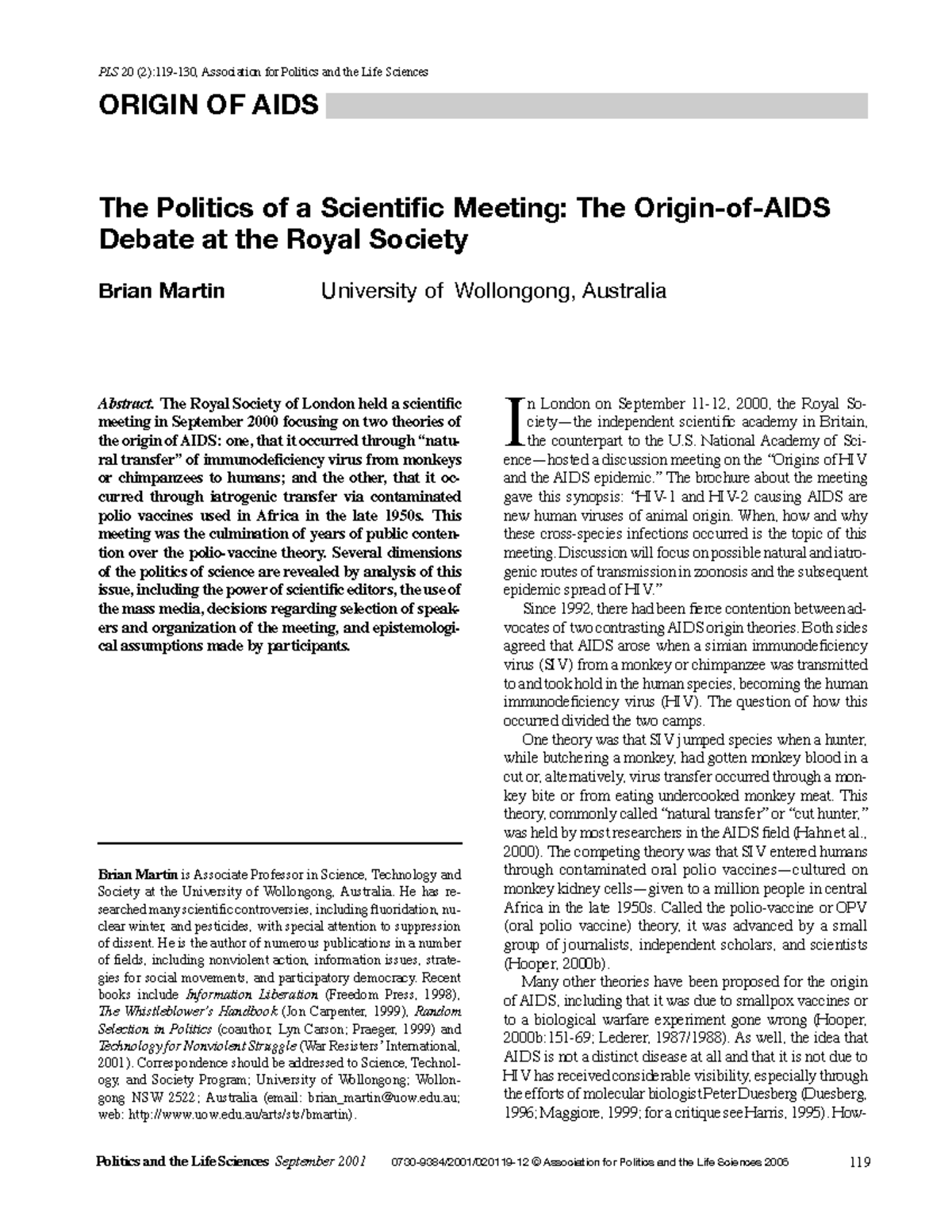 Origin of AIDS - reading - Politics and the Life Sciences September ...