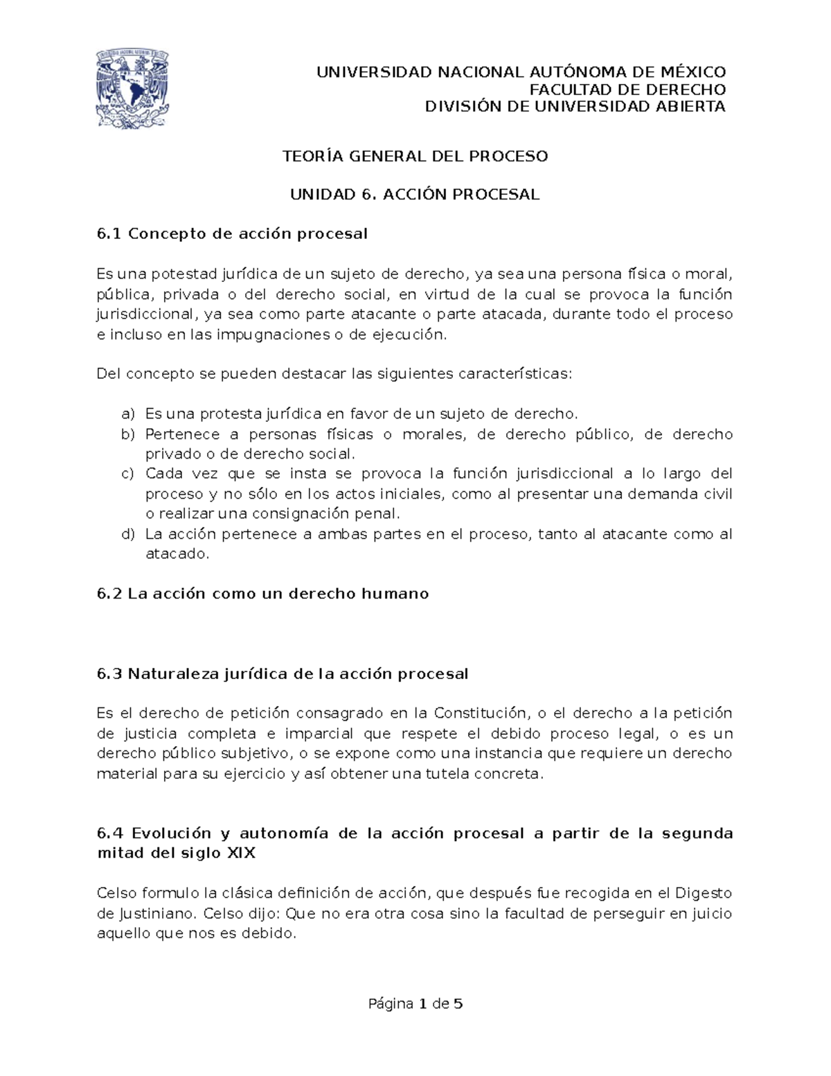 Unidad 6. Acción Procesal - FACULTAD DE DERECHO DIVISIÓN DE UNIVERSIDAD ...