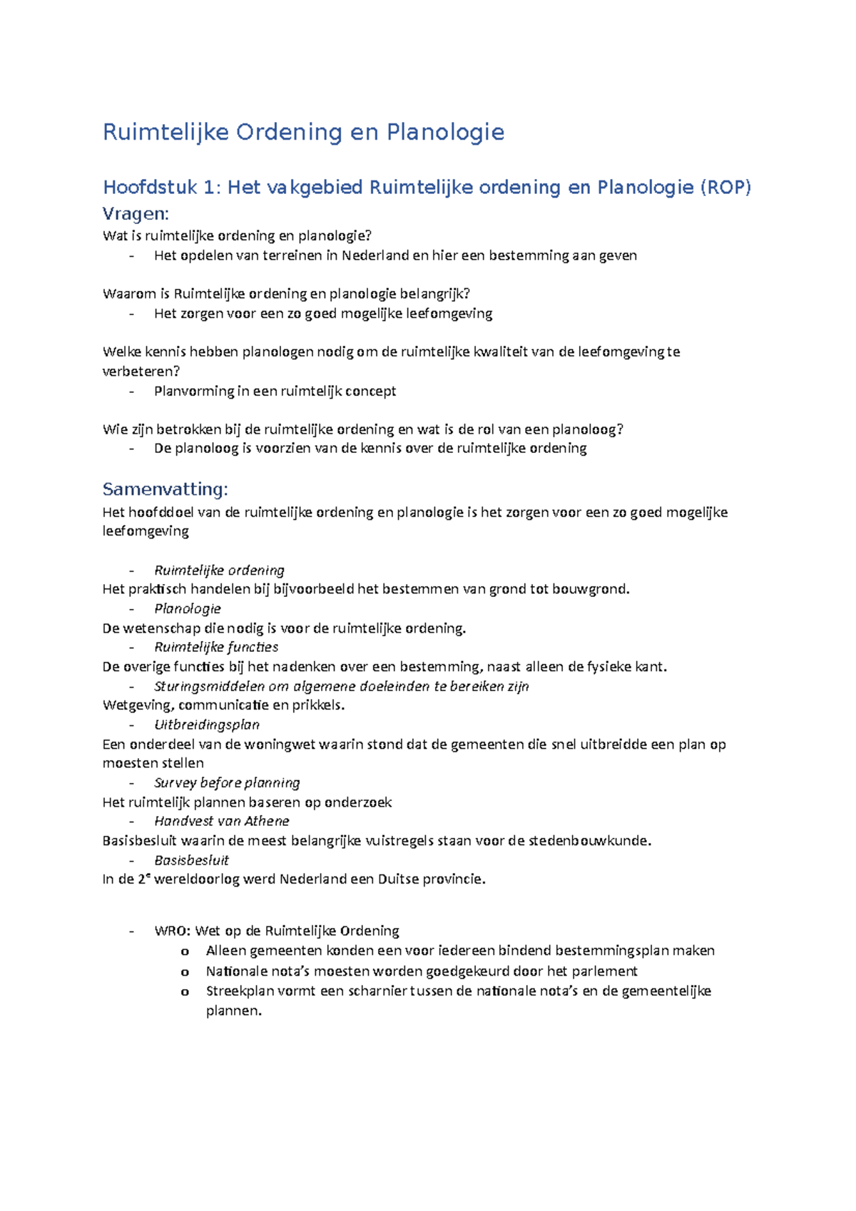 Ruimtelijke Ordening En Planologie (korte Samenvatting) - Ruimtelijke ...