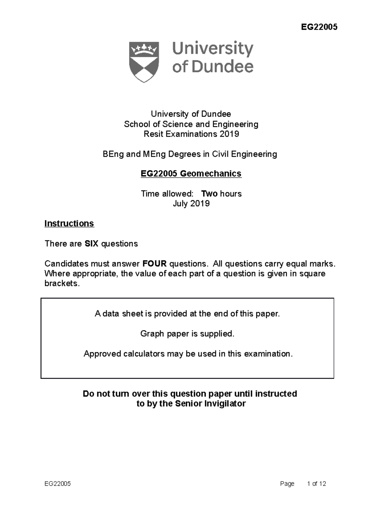 Exam 2019, questions - EG University of Dundee School of Science and ...