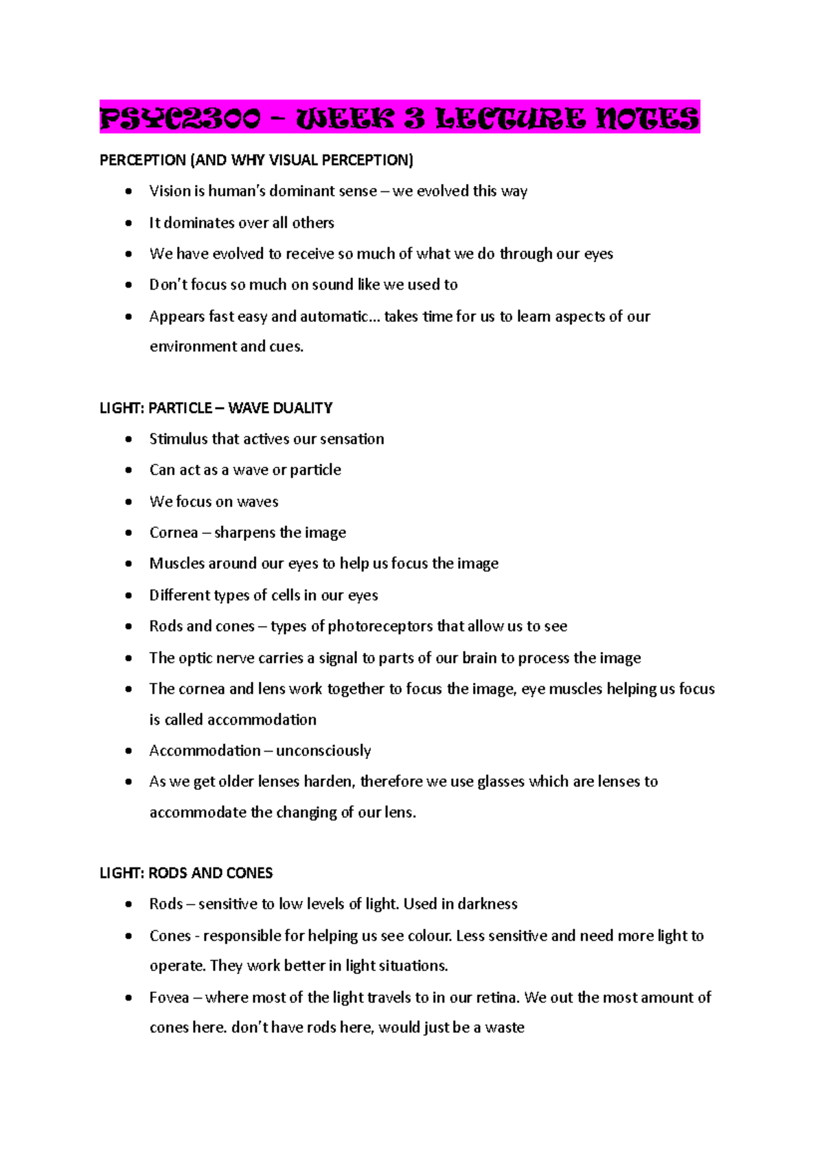 PSYC2300 - W3 Perception - PSYC2300 – WEEK 3 LECTURE NOTES PERCEPTION ...