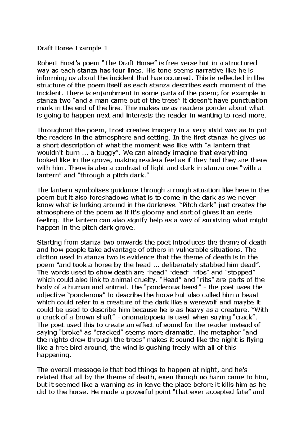 Draft Horse Examples Exemplars of essays Draft Horse Example 1