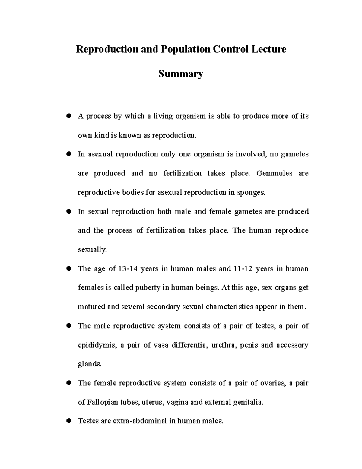 Reproduction and Population Control Lecture Summary - In asexual ...