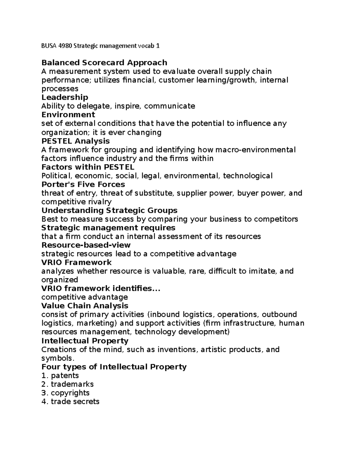 BUSA 4980 Strategic management vocab 1 - BUSA 4980 Strategic management ...