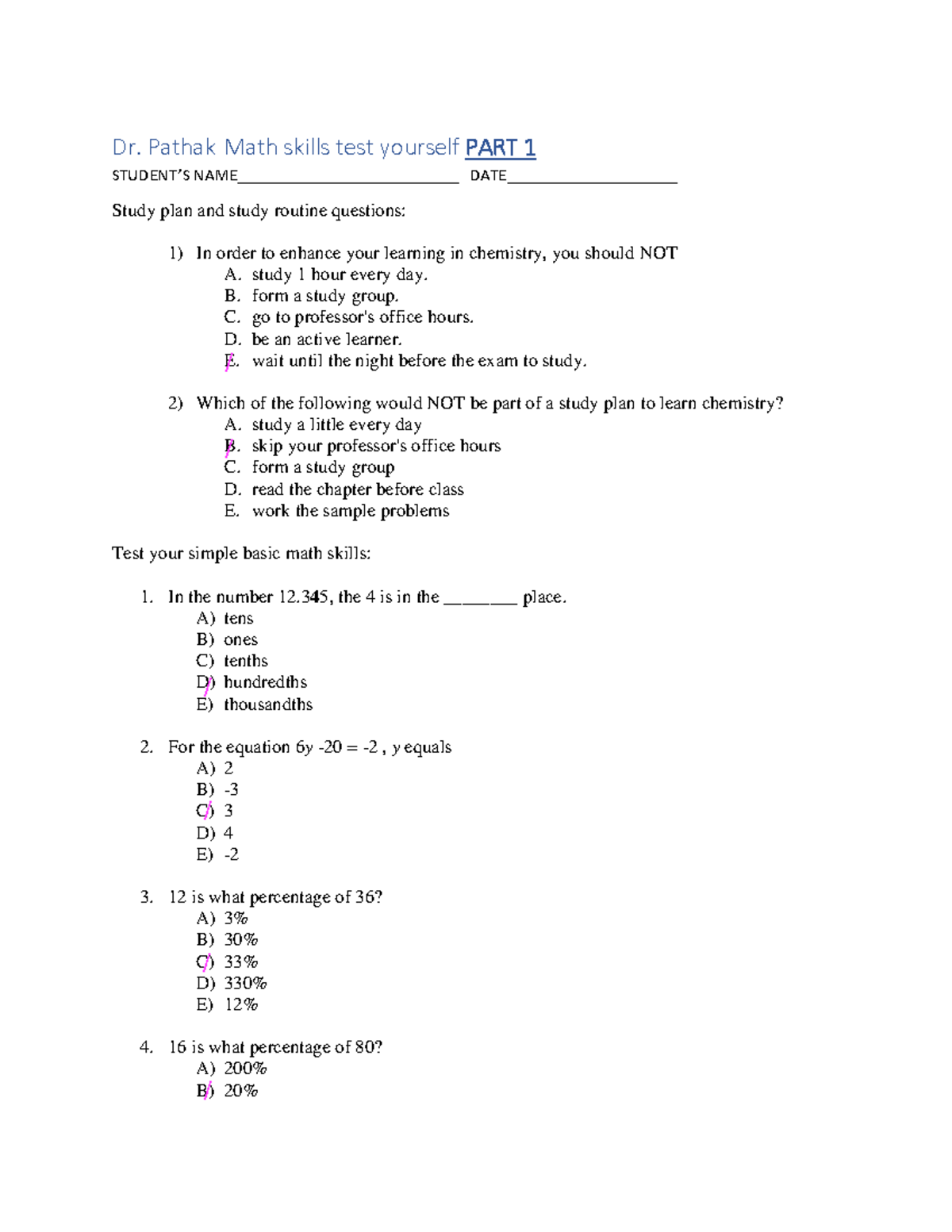 Math skills self test part 1 - Dr. Pathak Math skills test yourself ...