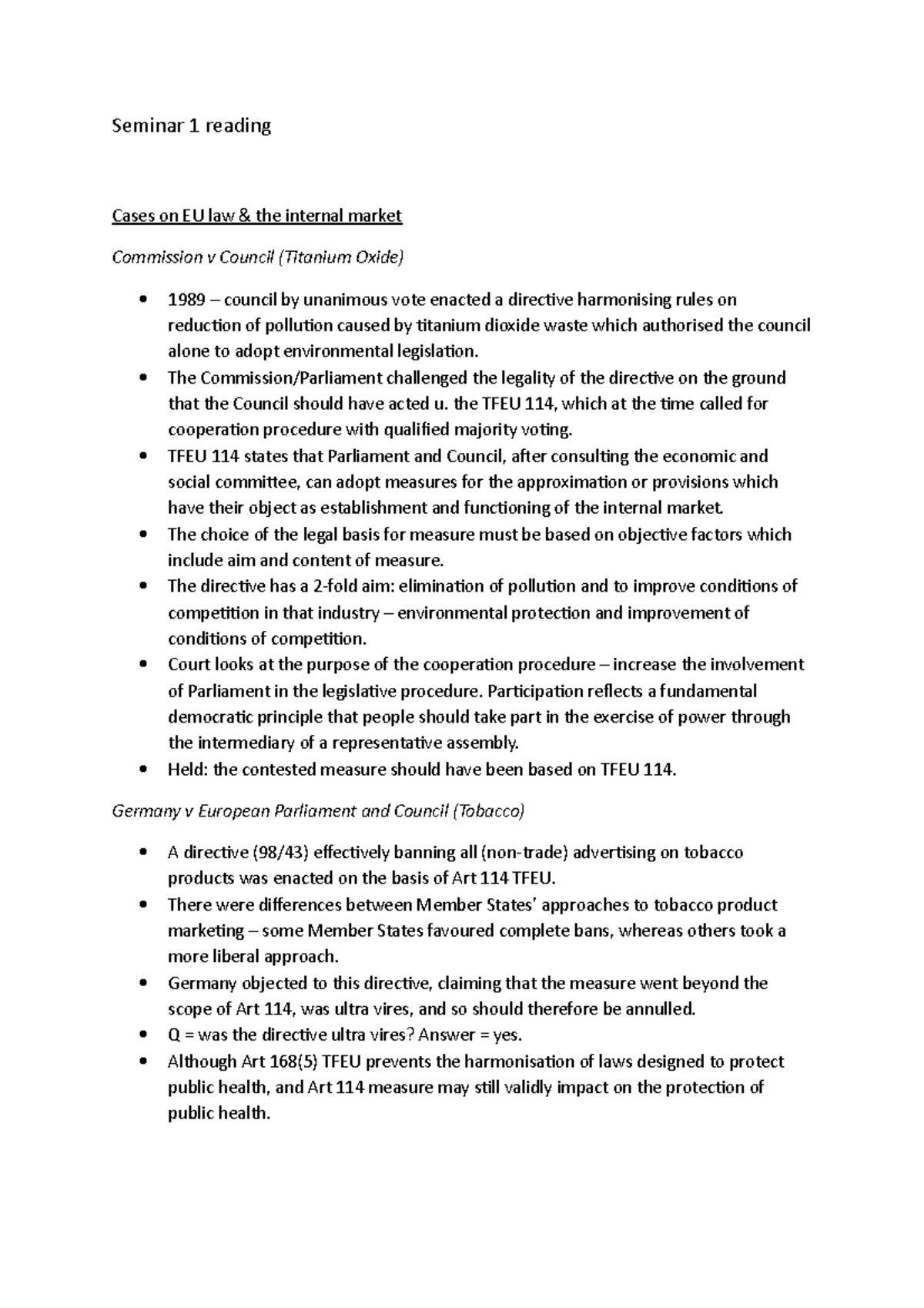 Seminar 1 reading - Lecture notes 1 - Seminar 1 reading Cases on EU law ...