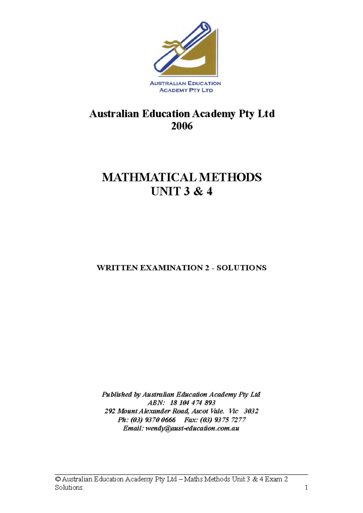 [vce Methods] 2006 Aea Unit 34 Exam 2 Solutions - Australian Education 