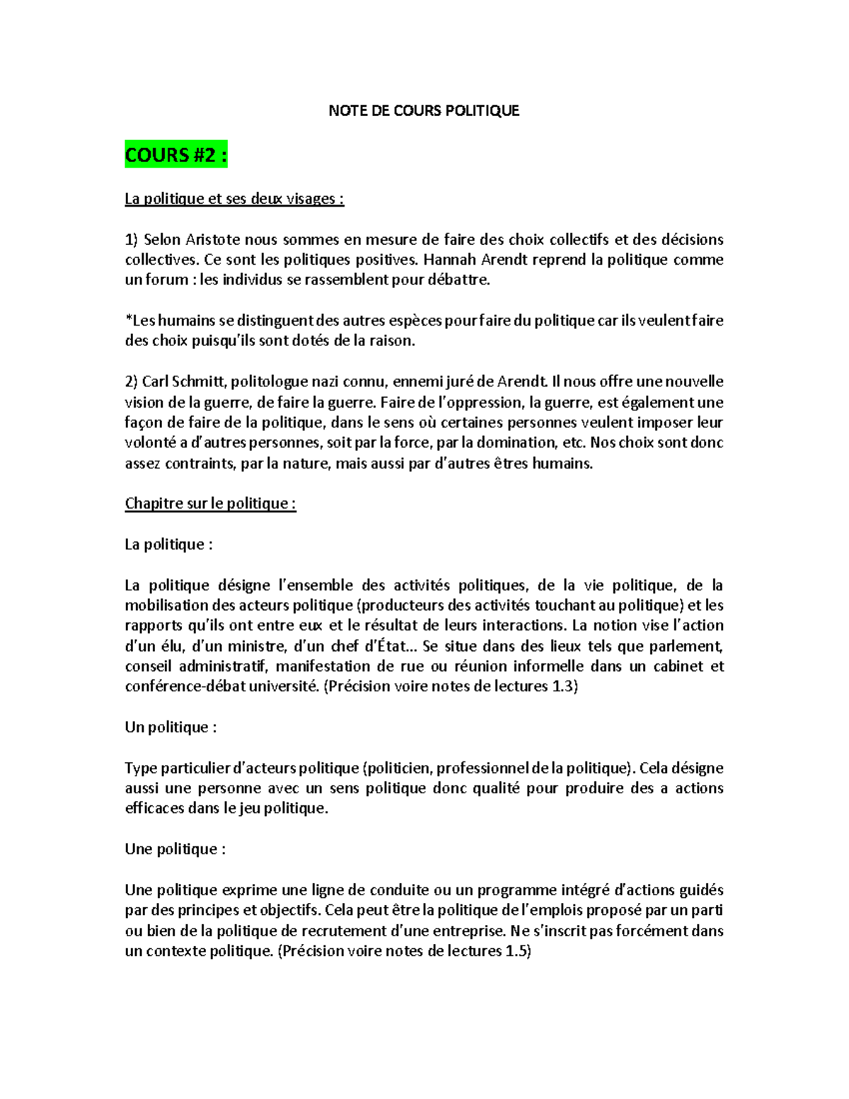 Cours #2 - NOTE DE COURS POLITIQUE COURS #2 : La politique et ses deux ...
