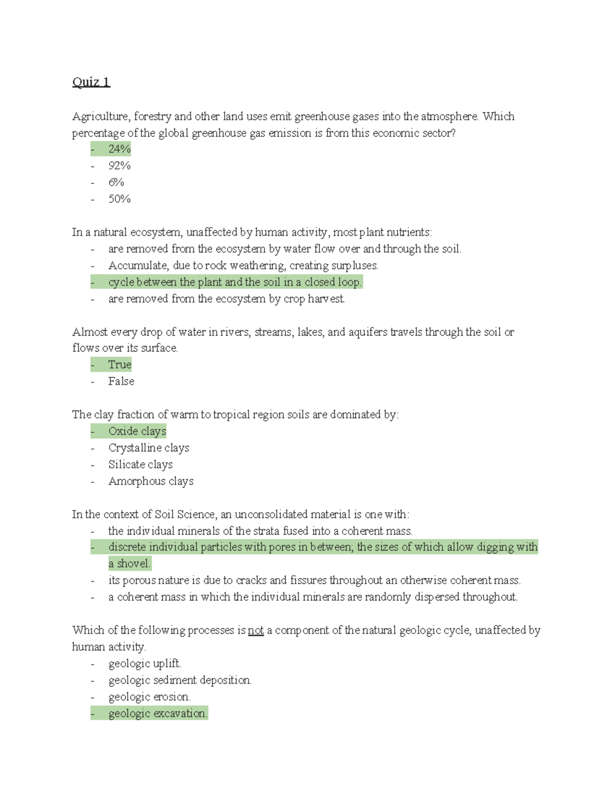 Soil Science Combined Quiz Questions SP20 Quiz 1 Agriculture
