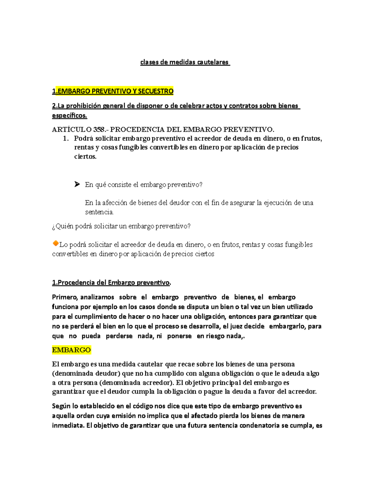 Medidas Cautelares Exposicion - Clases De Medidas Cautelares 1 .EMBARGO ...