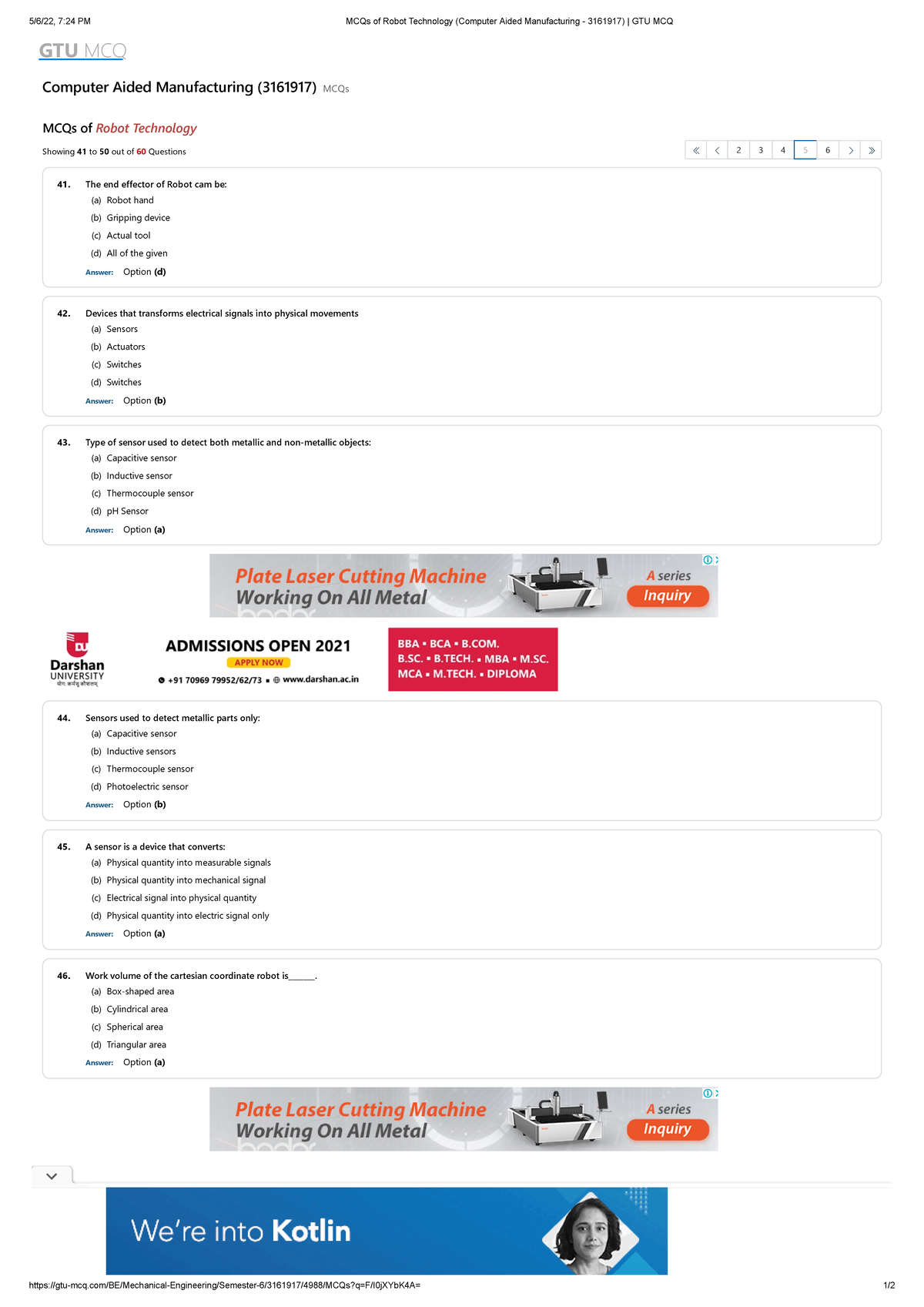 MCQs of Robot Technology Aided Manufacturing 3161917) GTU