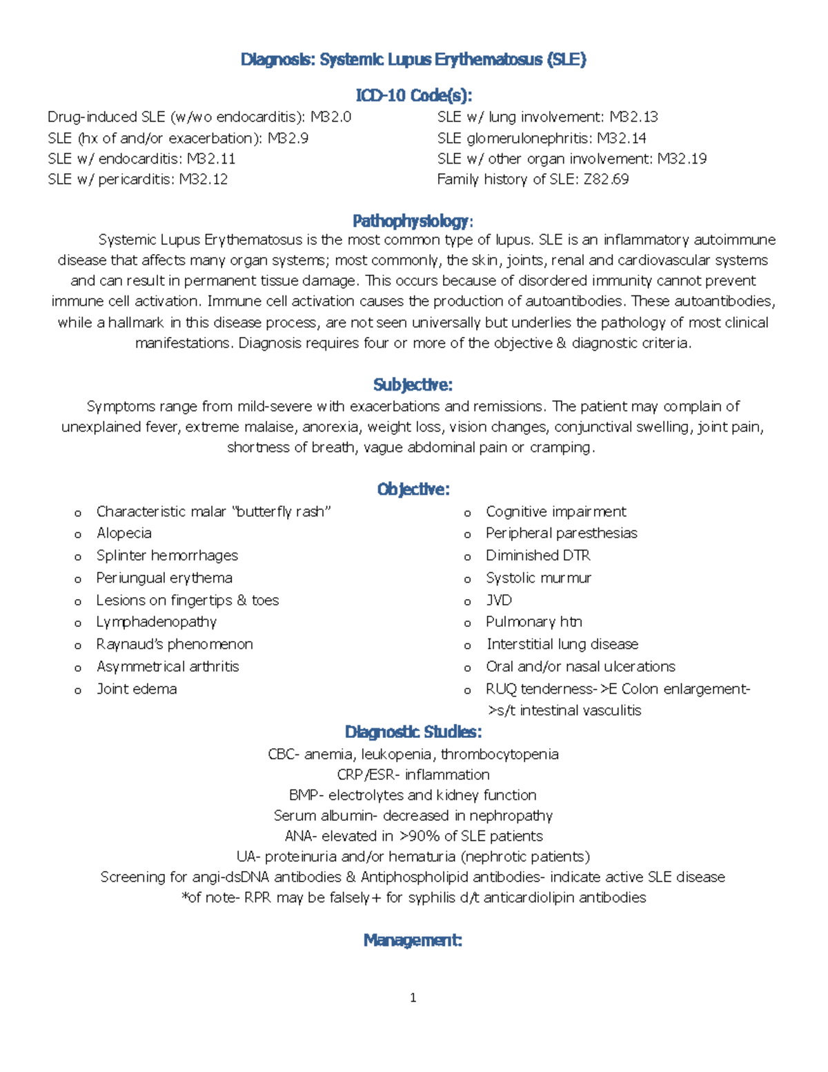 Adult health discussionSLE Diagnosis Systemic Lupus Erythematosus (SLE) ICD 10 Code(s
