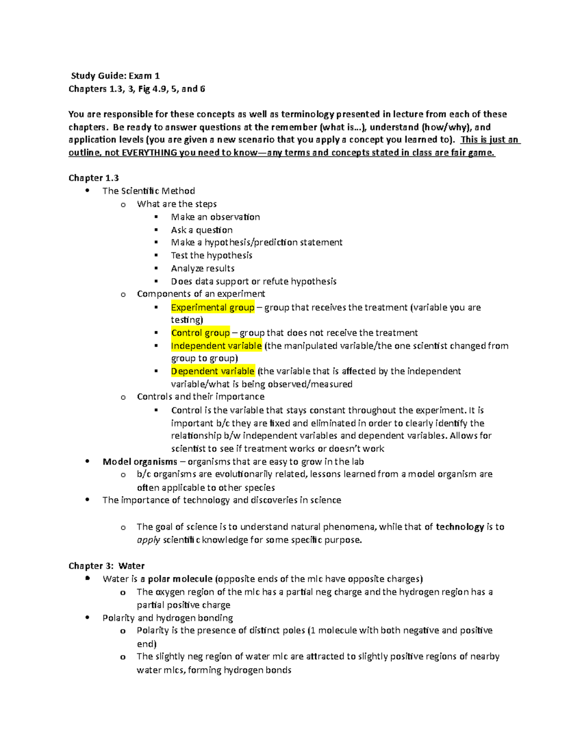 Study Guide Exam 1 Fall 2019 - Study Guide: Exam 1 Chapters 1, 3, Fig 4 ...