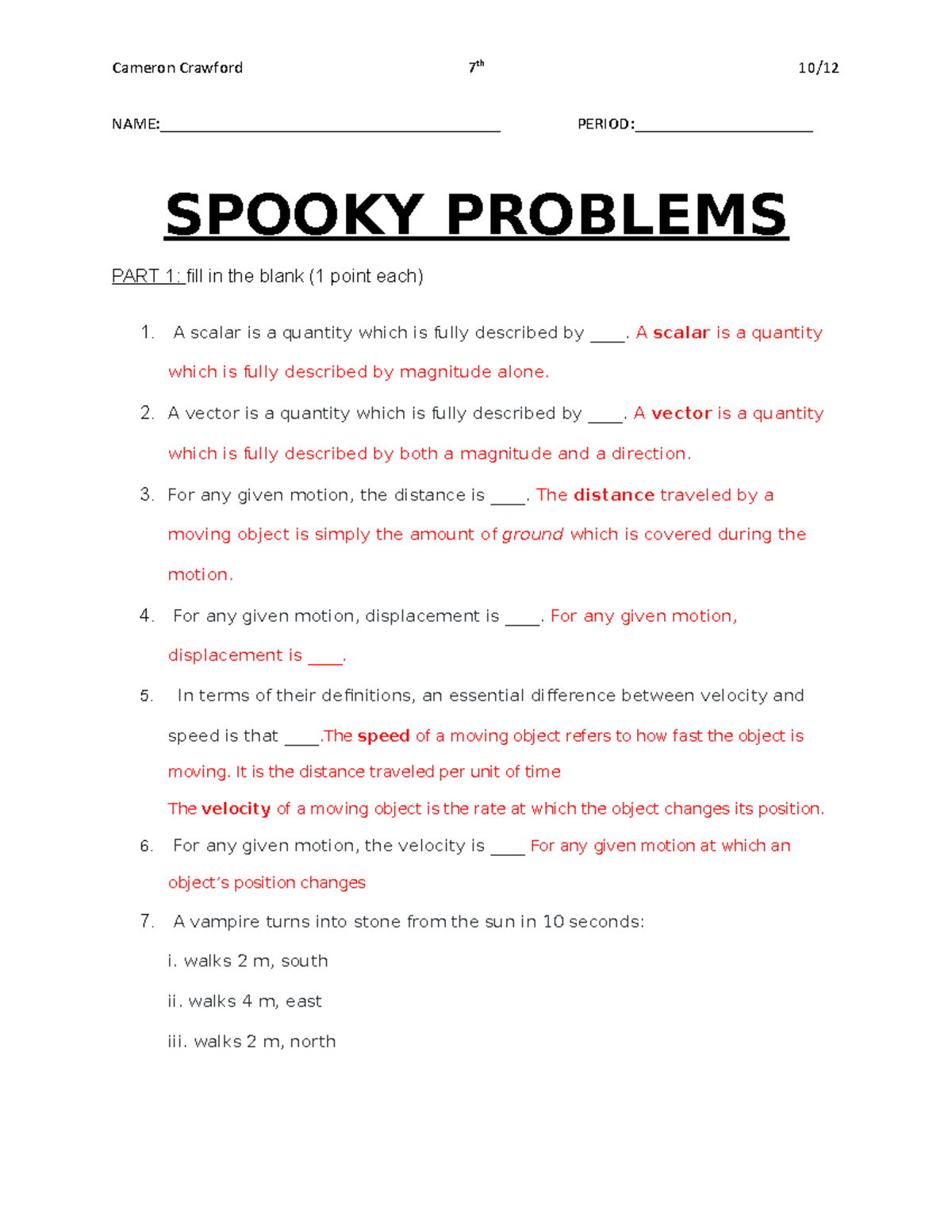 Cameron Crawford 7th Spooky Problems Part 1: Scalars Vectors Velocity ...
