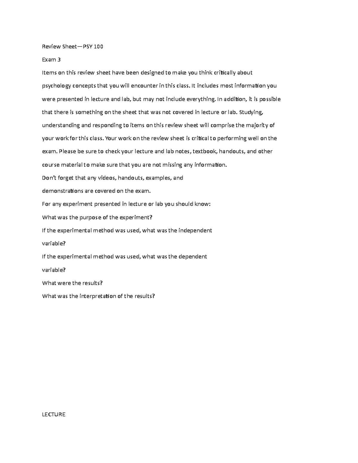 Psych exam 3 review sheet - Review Sheet—PSY 100 Exam 3 Items on this ...