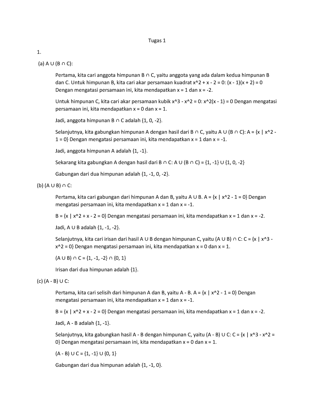 Tugas 1 Kalkulus - Tugas 1 (a) A ∪ (B ∩ C): Pertama, Kita Cari Anggota ...