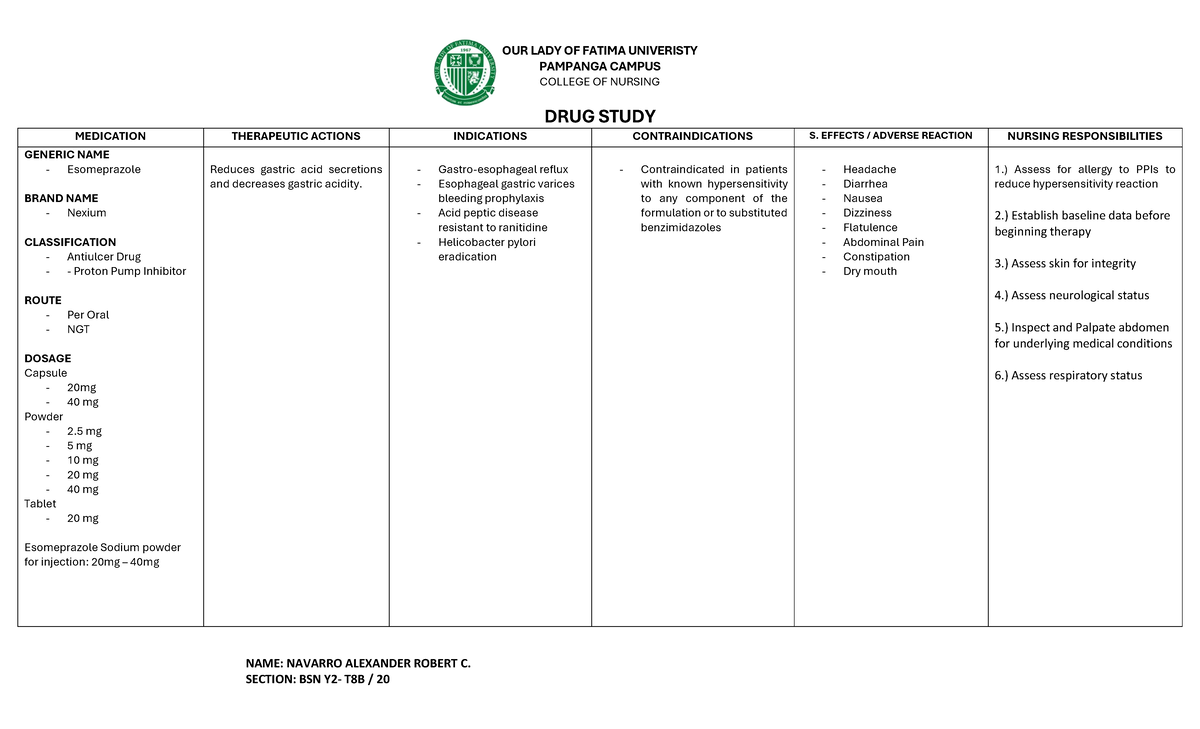 Esomeprazole - OUR LADY OF FATIMA UNIVERISTY PAMPANGA CAMPUS COLLEGE OF ...