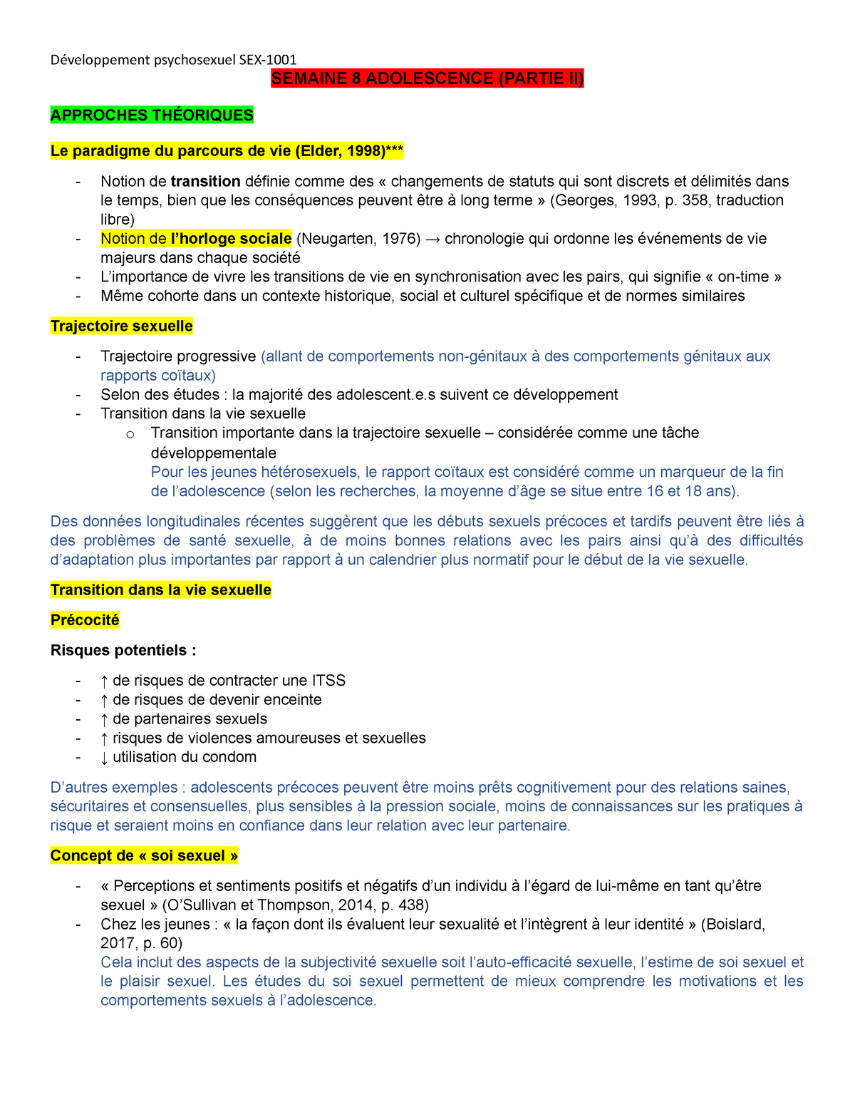 Notes de cours Développement psychosexuel SEX-1001 Partie 2 - SEMAINE 8  ADOLESCENCE (PARTIE II) - Studocu