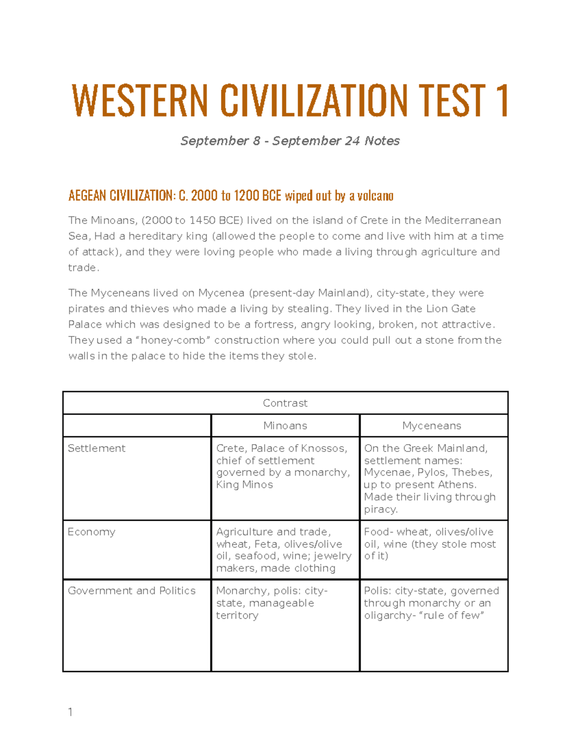 Western Civ Test 1 Notes - WESTERN CIVILIZATION TEST 1 September 8 ...