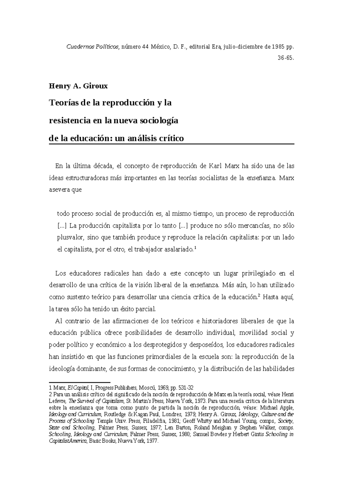 Giroux 1985 Teoria de la reproduccion y la resistencia en la nueva