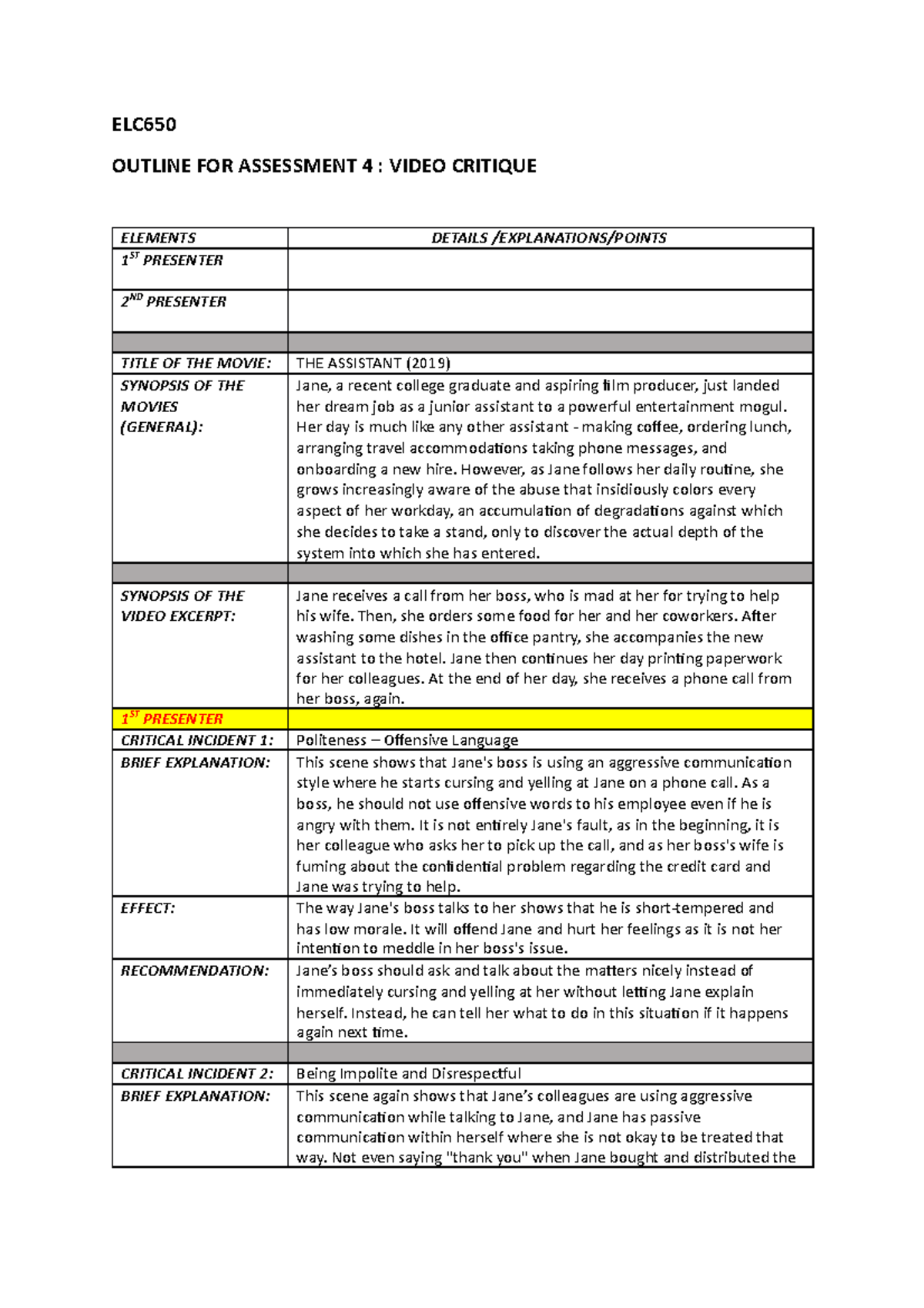Video Critique - The Assistant (2019) - ELC OUTLINE FOR ASSESSMENT 4 ...