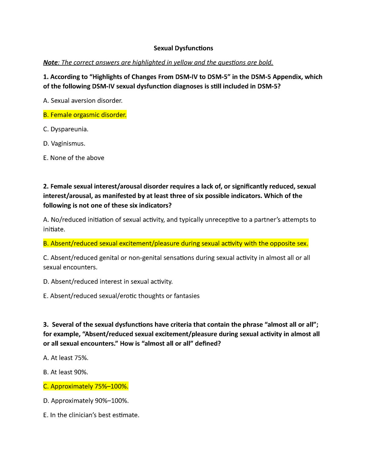 Test Questions in Sexual Dysfunctions Sexual Dysfunctions Note