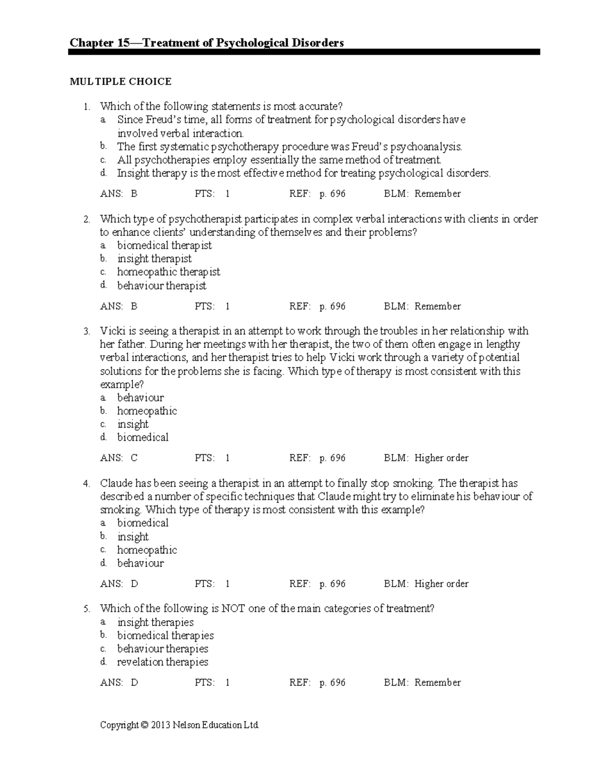 Chapter 15 - Chapter 15—Treatment of Psychological Disorders MULTIPLE ...