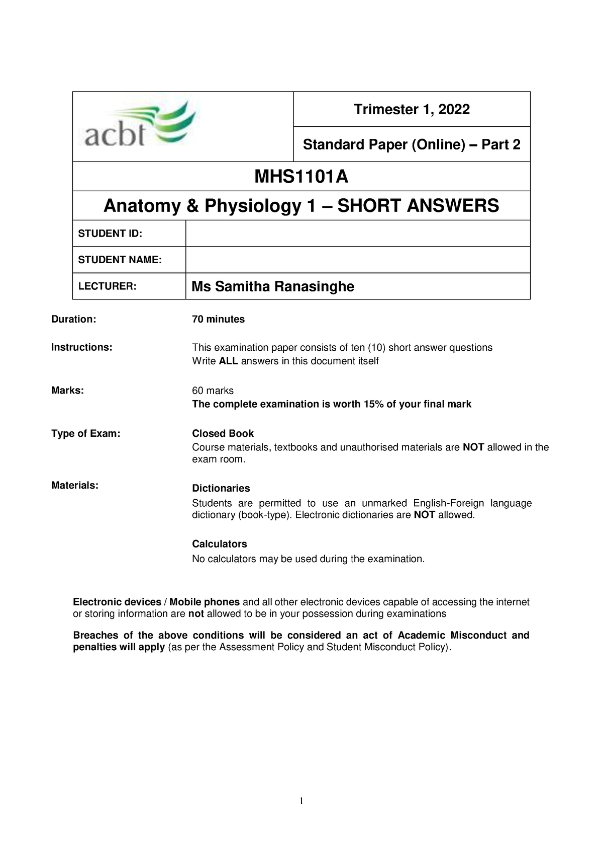 MHS1101 Final Assessment Part B Short Answer Paper T 1 2022 - Trimester ...