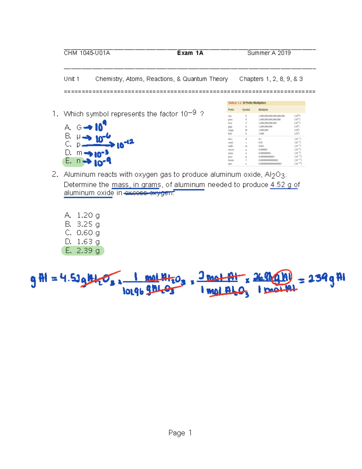 F21+Practice+Exam+1 Graves - CHM 1045-U01A Exam 1A Summer A 2019 Unit 1 ...
