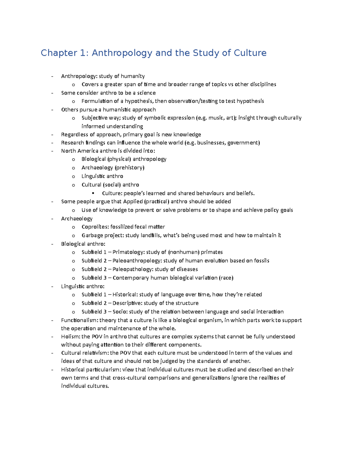 Chapter 1 Notes - Chapter 1: Anthropology And The Study Of Culture ...