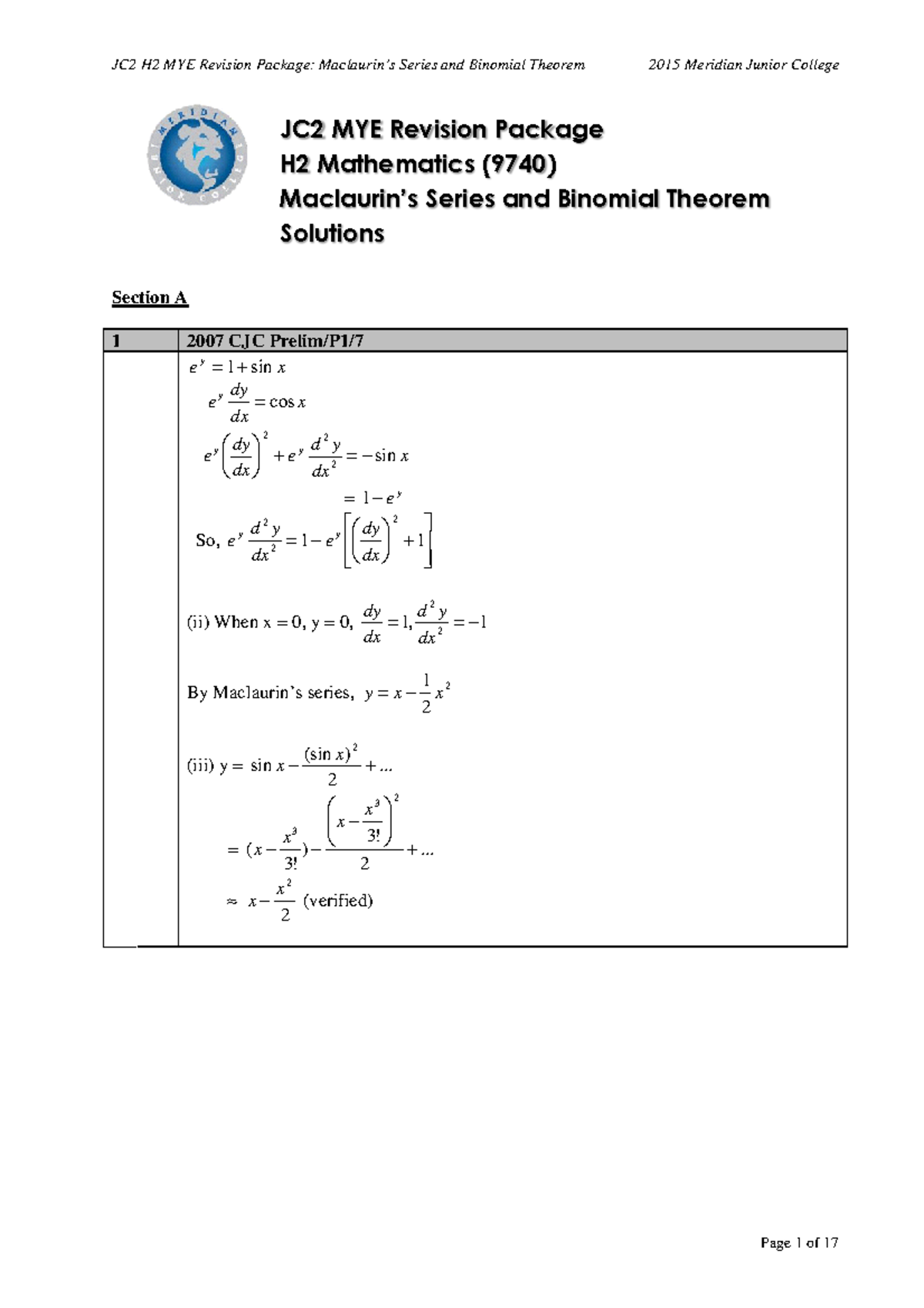 10 Maclaurin Series And Binomial Theorem Section A B Solutions-2 - JC2 ...