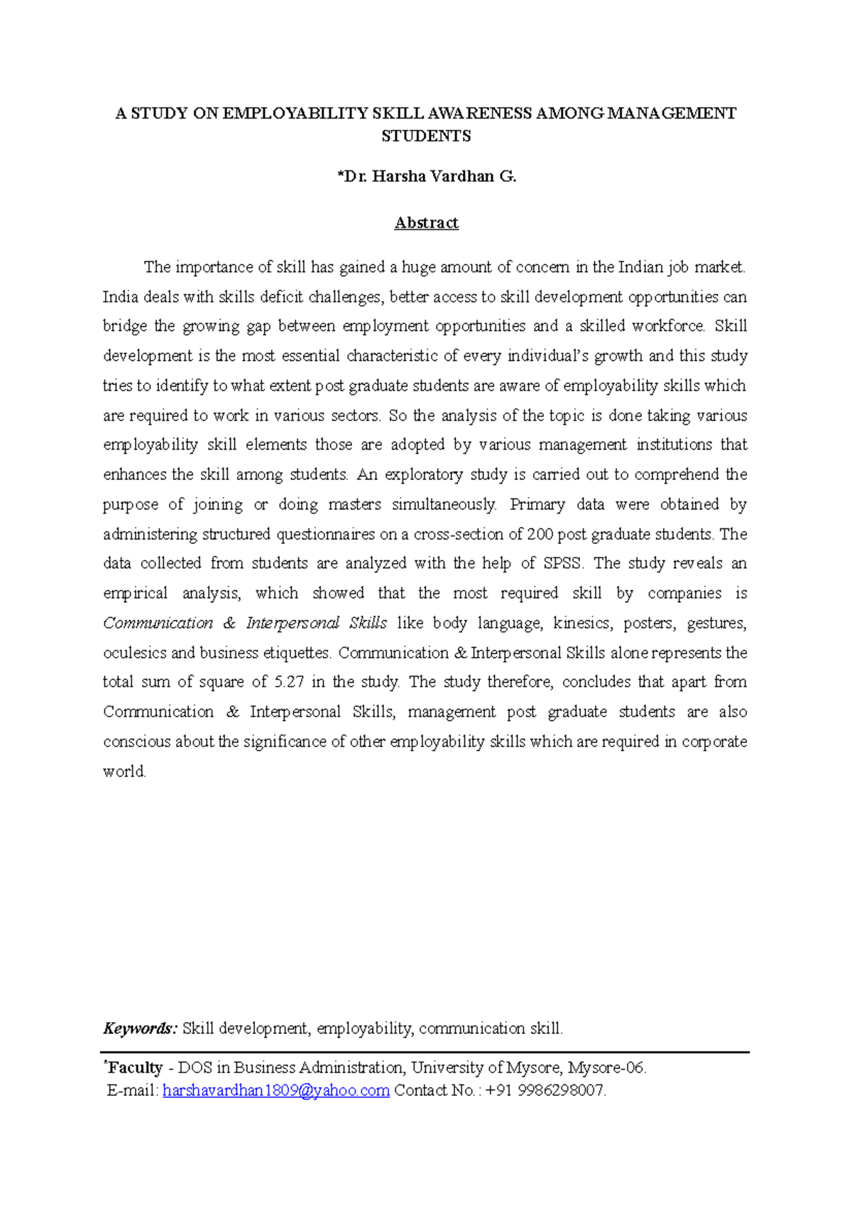 A Study ON Employability Skill Awareness Among Management Students - A ...