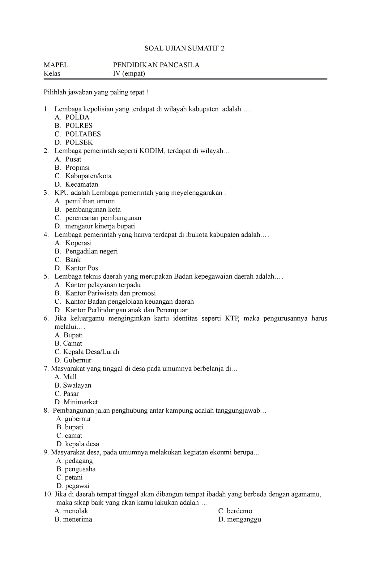 Soal Sumatif 2 PKN Sem Genap - SOAL UJIAN SUMATIF 2 MAPEL : PENDIDIKAN ...