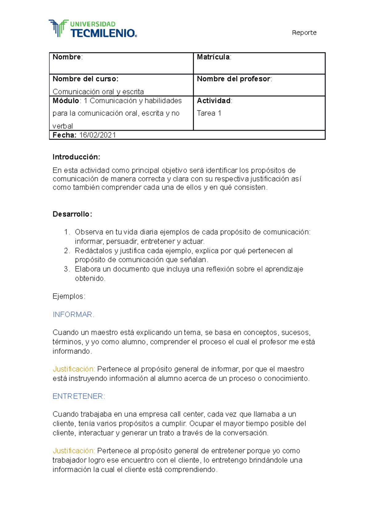 Tarea 1 comunicacion - 3er semestre - Reporte Nombre : Matrícula ...