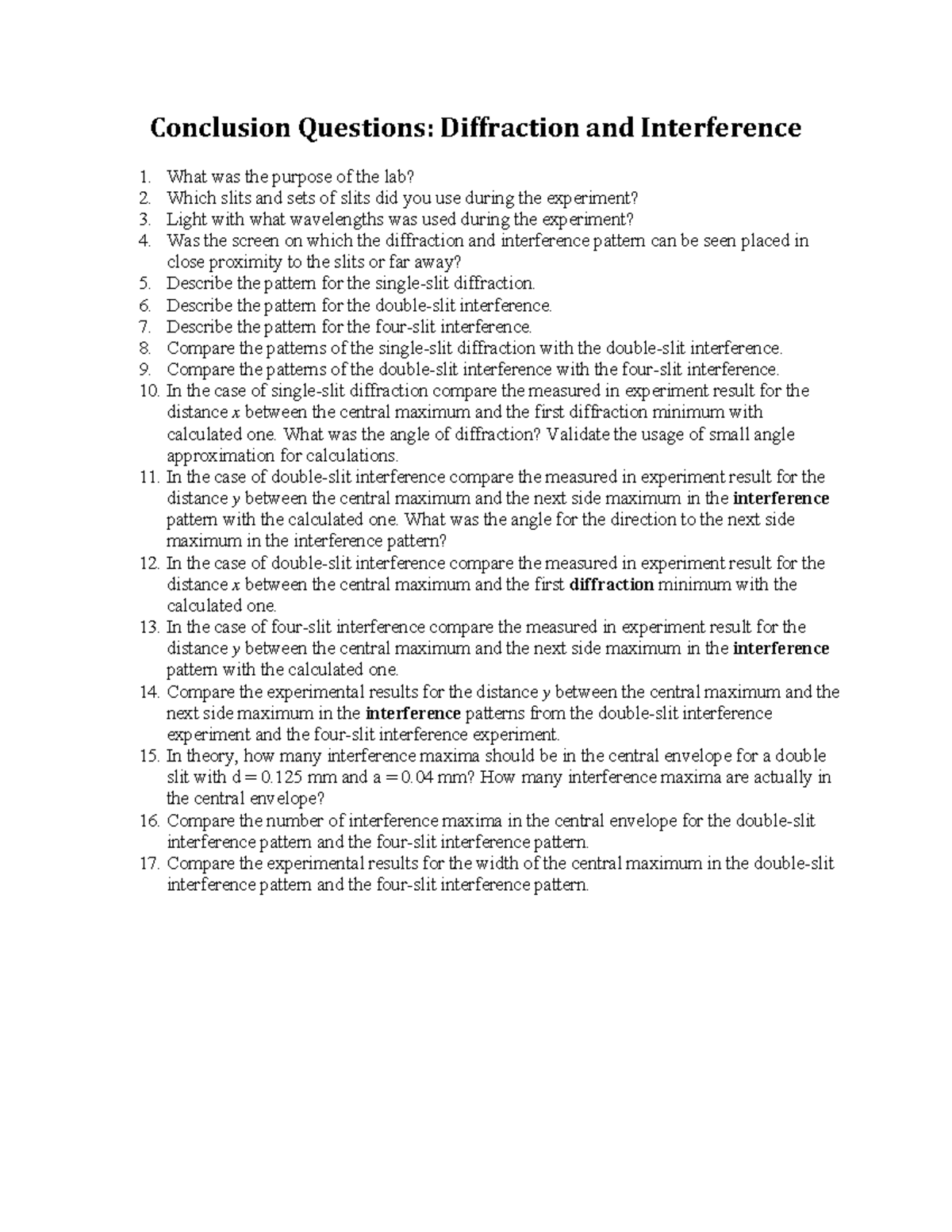 Concl Questions Diffraction Conclusion Questions Diffraction and