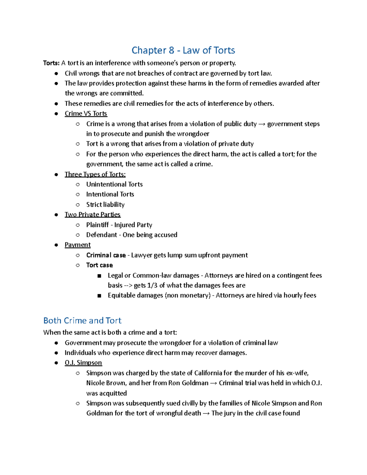 Blaw Ch 8 Law of Torts Chapter 8 Law of Torts Torts A tort is an