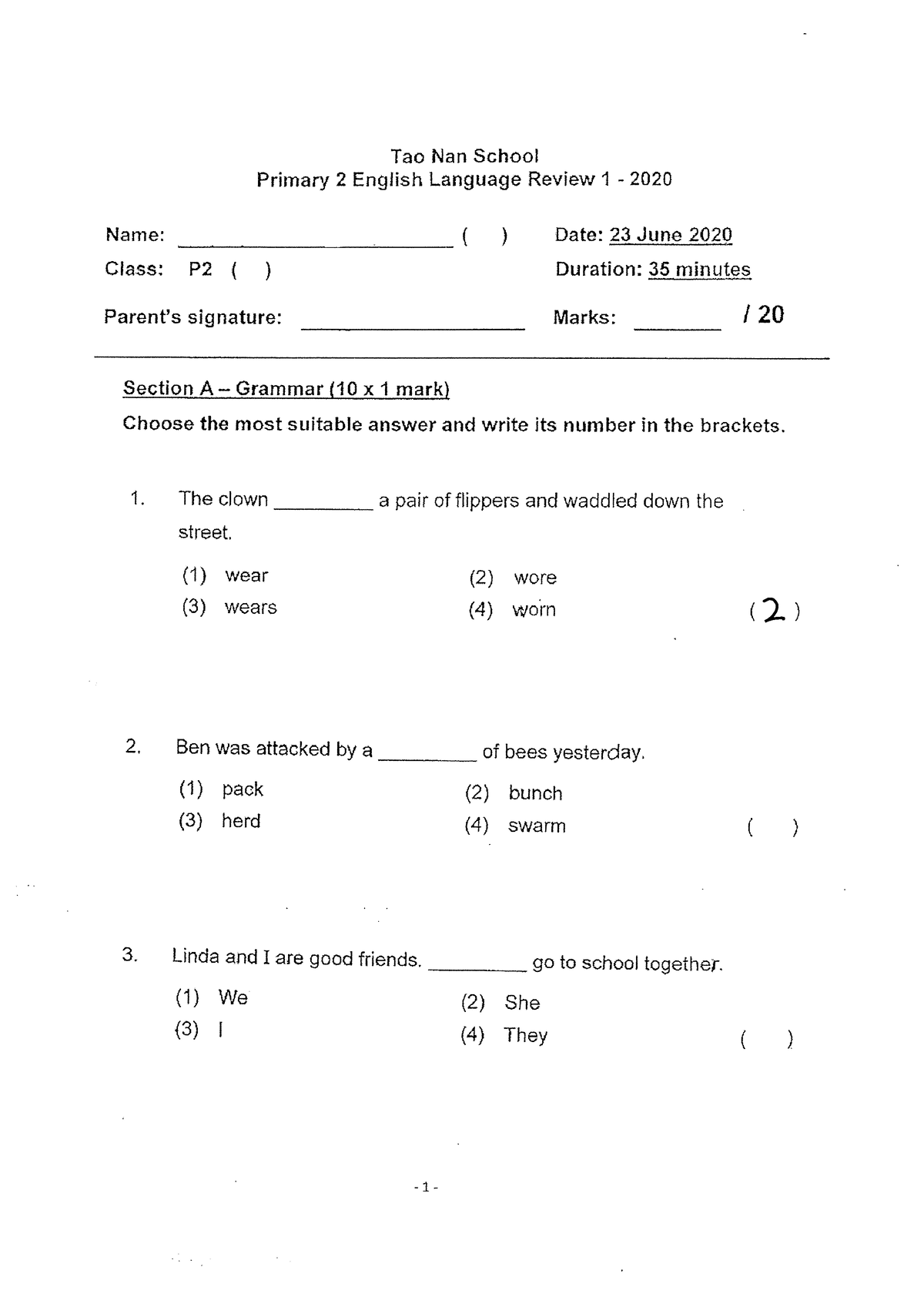 P2 English CA2 2020 Tao Nan Exam Papers LGST101 Studocu