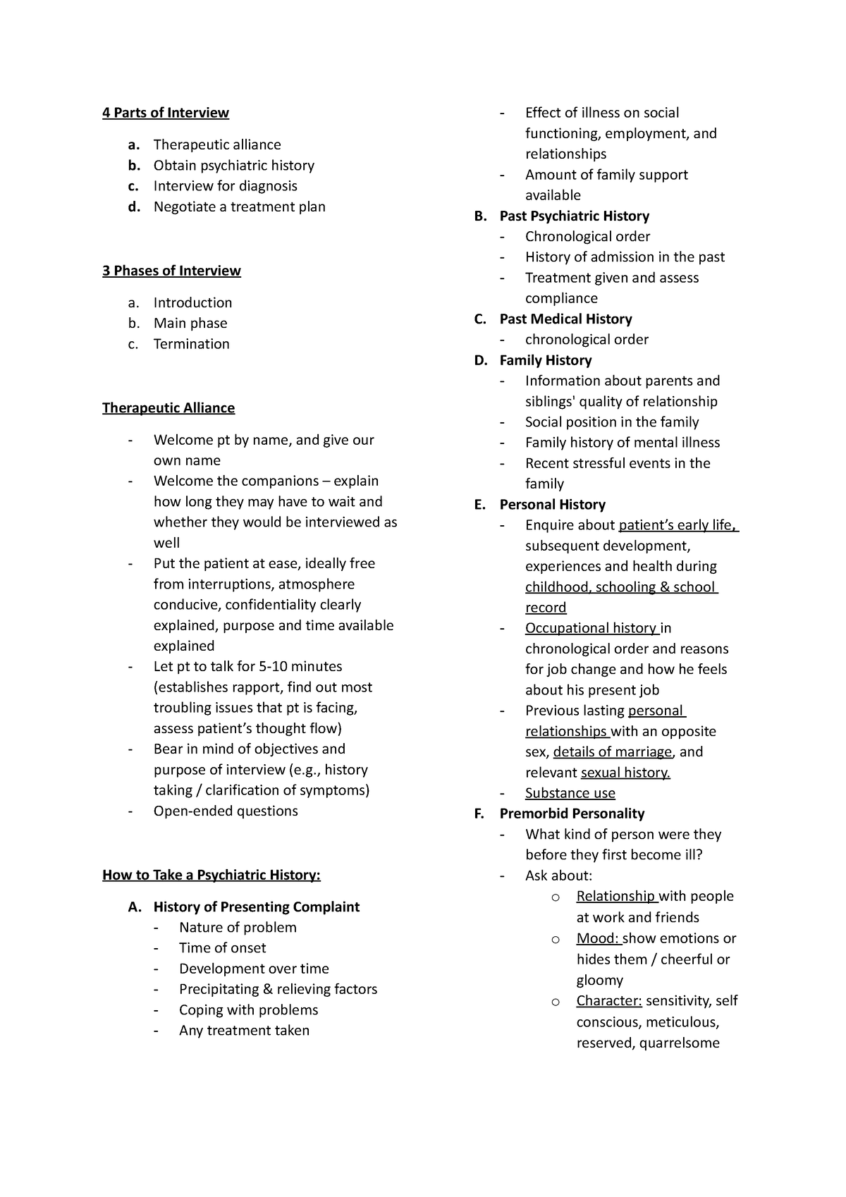 How to Take a Psychiatric History - 4 Parts of Interview a. Therapeutic ...